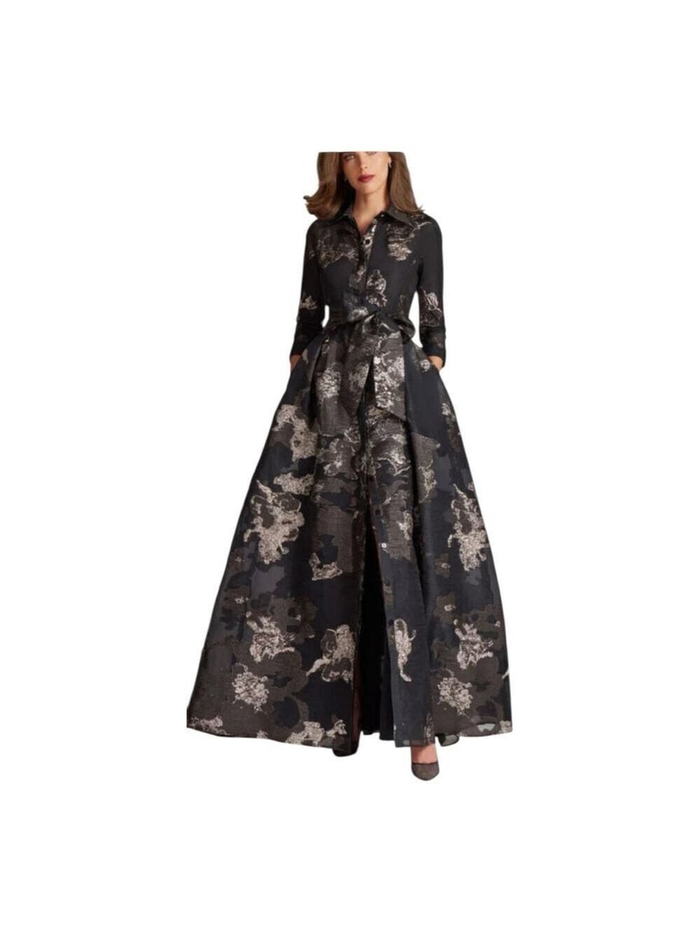 Teri Jon Metallic Black and Silver Jacquard Evening Gown Size 2 *missing sash
